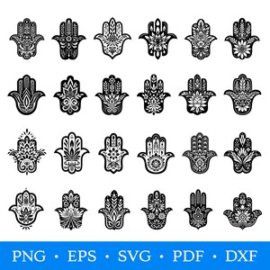Peut inclure: Vingt et un motifs de mains de Hamsa noirs et blancs, chacun avec des motifs floraux et géométriques complexes. Les motifs sont disposés sur un fond blanc. Le bas de l'image contient le texte "PNG • EPS • SVG • PDF • DXF".