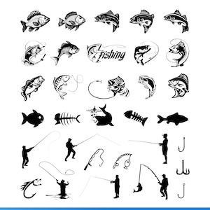 Paquete de Svg de pesca, Svg de pesca de lubina, Clipart de pescador, Svg de anzuelo de pesca, Svg de trucha, Archivos de corte de silueta de pez, Descarga instantánea