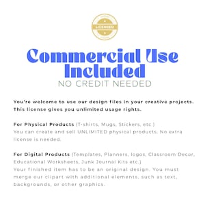 May include: A white background with blue and black text. The text states "Commercial Use Included, NO CREDIT NEEDED." A gold circular badge with "LICENSED" is also present. The text details the usage rights for design files, including physical and digital products.