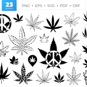 May include: A set of 23 black and white vector illustrations of marijuana leaves, peace signs, and other cannabis-related designs.  The designs are perfect for creating crafts, stickers, and other projects.