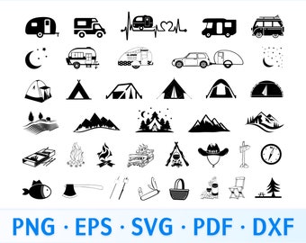 Camping SVG Bundle, Camper Clipart Designs, Campfire, Tent, Caravan, Pine Tree, Mountain Scene, Camp Life, Outdoor Adventure