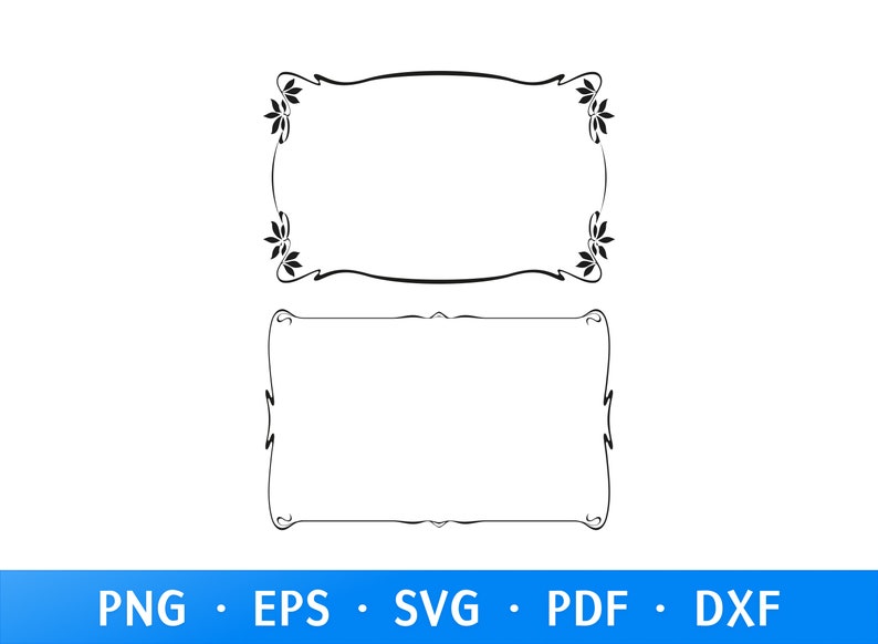 May include: Two black decorative frames on a white background. The top frame has curved sides and floral designs at the corners. The bottom frame is rectangular with curved corners. The image also includes file type options.