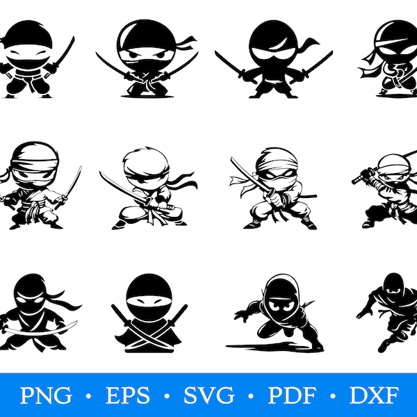 Ninja SVG, Cute Ninja PNG, Ninja Kids Cut Files Bundle, Ninja Clipart, Ninja Warrior Svg, Ninja Poses SVG, Ninja with Katana Svg, Easy Cut