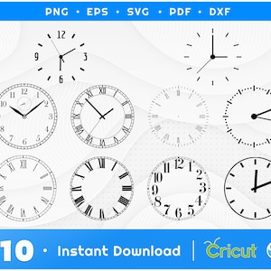 May include: Set of ten black and white clock face SVG cut files. The clock faces are in various styles, including Roman numeral, Arabic numeral, and simple hands.