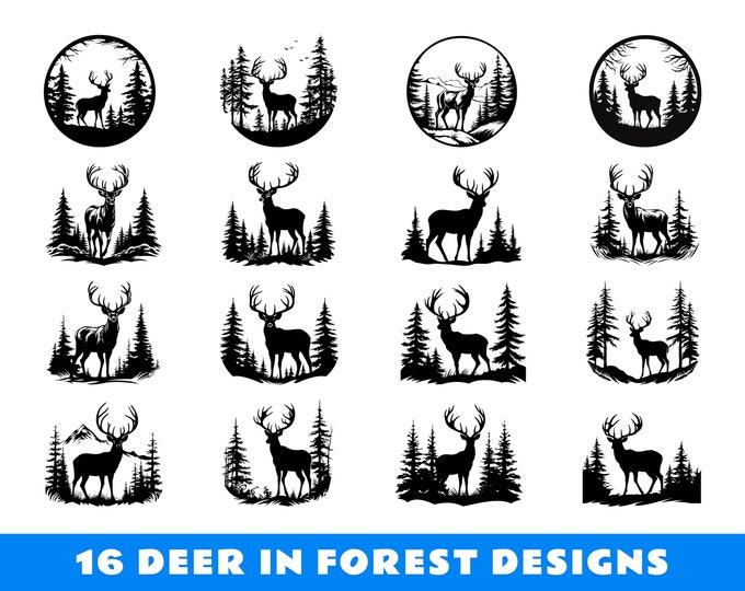 Deer SVG File, Deer Silhouette Svg, Deer in the Forest Svg, Pine Trees ...