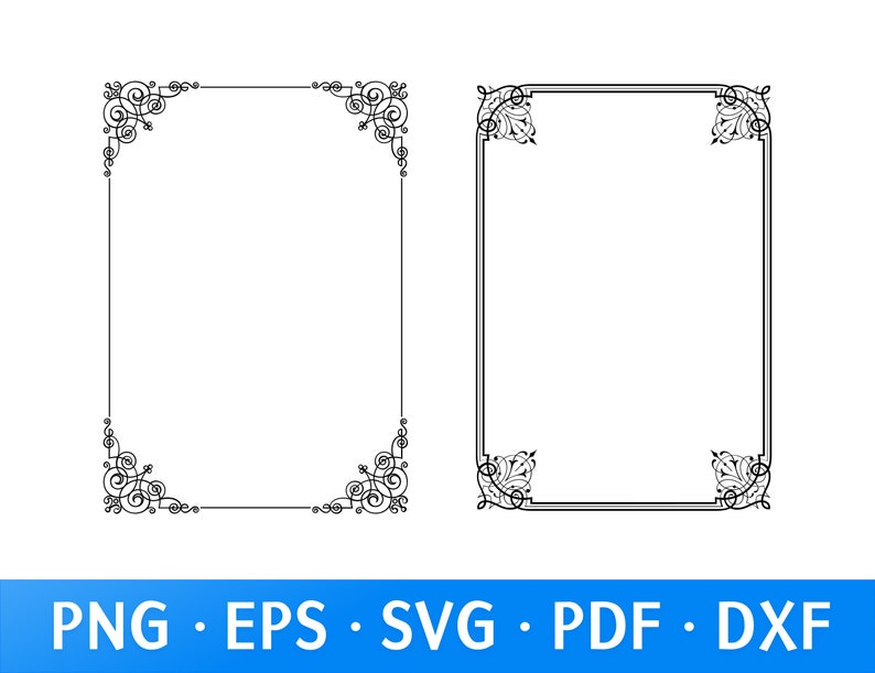 Peut inclure: Deux cadres d&eacute;coratifs noirs et blancs avec des motifs d'angle orn&eacute;s. Les cadres sont rectangulaires avec des bordures fines et conviennent &agrave; divers projets de conception. Le bas de l'image affiche le texte "PNG &bull; EPS &bull; SVG &bull; PDF &bull; DXF".