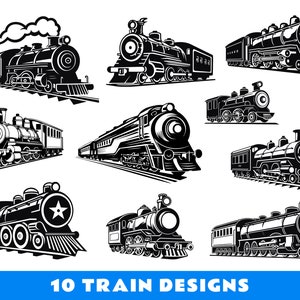 May include: Ten black and white illustrations of vintage steam locomotives. Each train is depicted in a different pose and style, showcasing the classic design of these iconic machines.