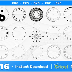 Könnte beinhalten: Ein Satz von 16 schwarzen und weißen SVG-Schneidedateien für Zifferblätter für die Verwendung mit Cricut Design Space. Die Zifferblätter umfassen römische Ziffern, arabische Ziffern und einfache Designs.