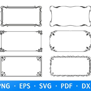 May include: Six black and white rectangular decorative frames with various ornate designs. The frames feature curved lines, floral accents, and geometric patterns. The bottom of the image has the text "PNG &bull; EPS &bull; SVG &bull; PDF &bull; DXF".