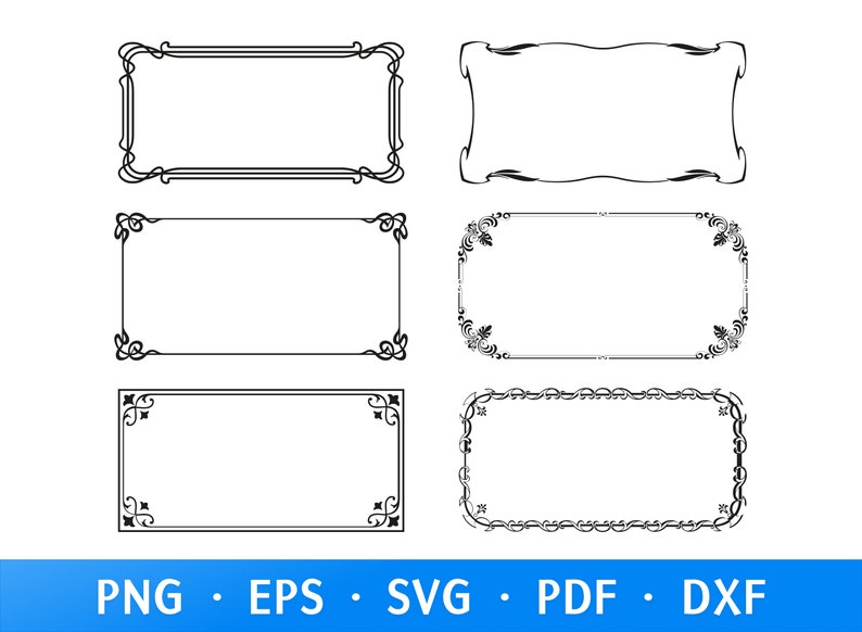 May include: Six black and white rectangular decorative frames with various ornate designs. The frames feature curved lines, floral accents, and geometric patterns. The bottom of the image has the text "PNG &bull; EPS &bull; SVG &bull; PDF &bull; DXF".