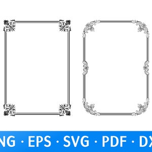 Peut inclure: Deux cadres rectangulaires noirs et blancs avec des ornements d&eacute;coratifs aux coins et sur les c&ocirc;t&eacute;s. Les cadres sont vides, sur fond blanc. Le bas de l'image affiche le texte "PNG &bull; EPS &bull; SVG &bull; PDF &bull; DXF" en blanc sur fond bleu.