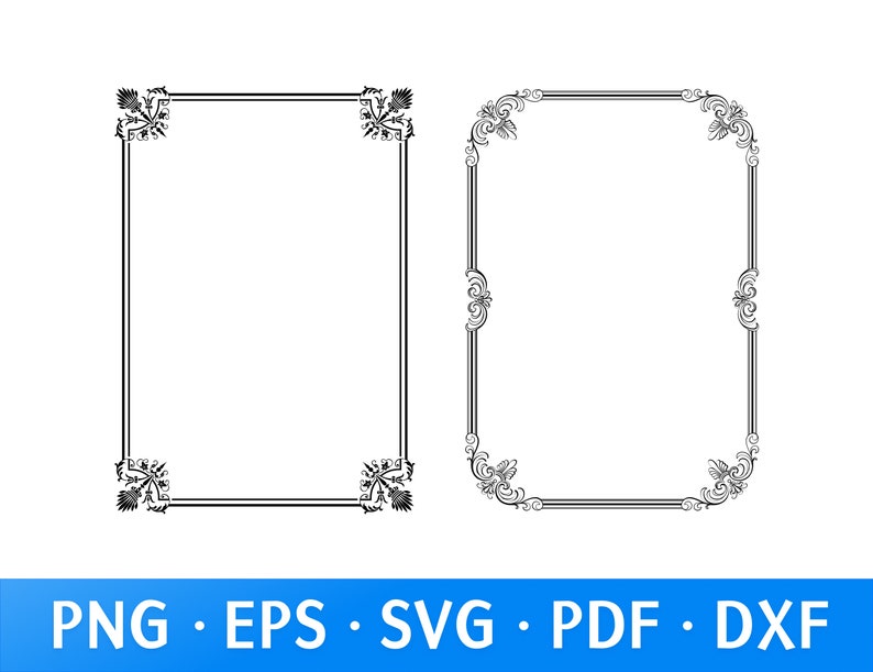 Peut inclure: Deux cadres rectangulaires noirs et blancs avec des ornements d&eacute;coratifs aux coins et sur les c&ocirc;t&eacute;s. Les cadres sont vides, sur fond blanc. Le bas de l'image affiche le texte "PNG &bull; EPS &bull; SVG &bull; PDF &bull; DXF" en blanc sur fond bleu.