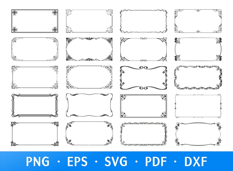 May include: A selection of rectangular frames with diverse decorative border designs in black. The frames are empty, featuring ornate corners and edges. The bottom of the image displays the text "PNG &bull; EPS &bull; SVG &bull; PDF &bull; DXF" in blue.