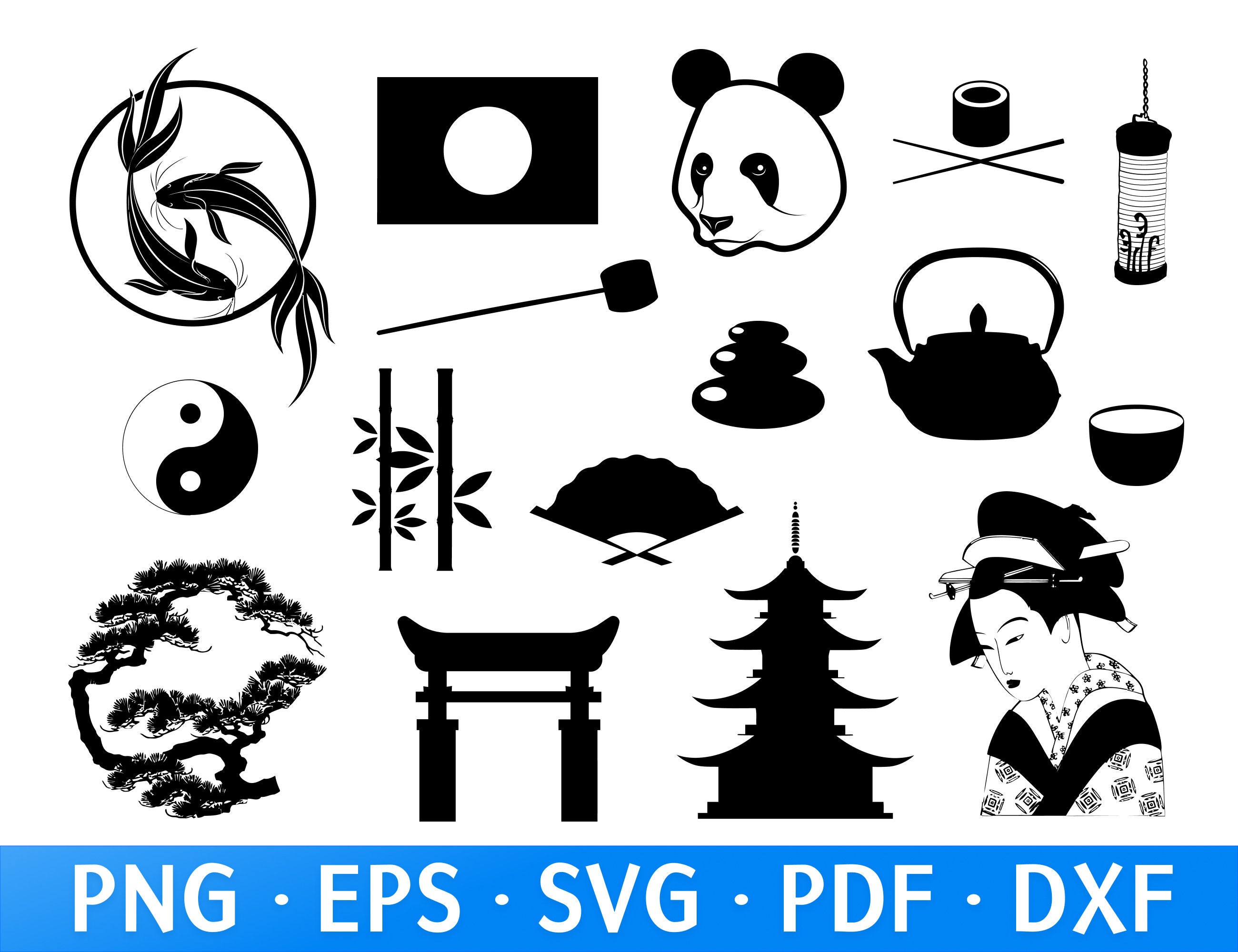 Cultura japonesa SVG Diseños de Geisha, Koi Fish y Bonsai con símbolos