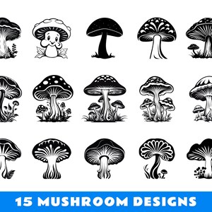Op de afbeelding: Zwart-wit illustraties van verschillende paddenstoelontwerpen. De afbeelding bevat 15 verschillende paddenstoelillustraties, elk met unieke kapvormen en steeldetaills. De tekst "15 MUSHROOM DESIGNS" wordt weergegeven in een blauwe banner onderaan.