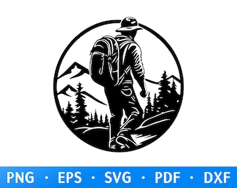 Vandring i bergen Svg & Png, vandrare Clipart, campingvektorbild, utomhusäventyrssilhuett, äventyrssvg, Cricut Cut-fil