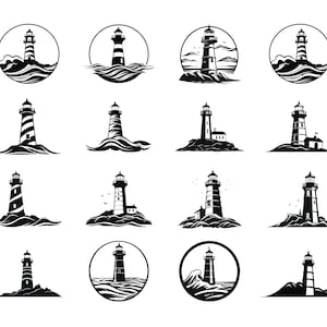 May include: A set of 16 black and white illustrations of lighthouses. The lighthouses are depicted in various styles, some with waves, some with rocks, and some with a sun or moon in the background.
