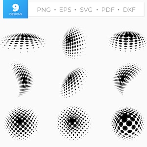 May include: Nine black and white abstract designs featuring a variety of circular and curved shapes created using a halftone pattern.