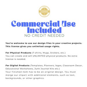 Peut inclure: Fond blanc avec texte bleu et noir. Le texte indique &laquo;&nbsp;Commercial Use Included, NO CREDIT NEEDED&nbsp;&raquo;. Un badge circulaire dor&eacute; avec &laquo;&nbsp;LICENSED&nbsp;&raquo; est &eacute;galement pr&eacute;sent. Le texte d&eacute;taille les droits d'utilisation des fichiers de conception.