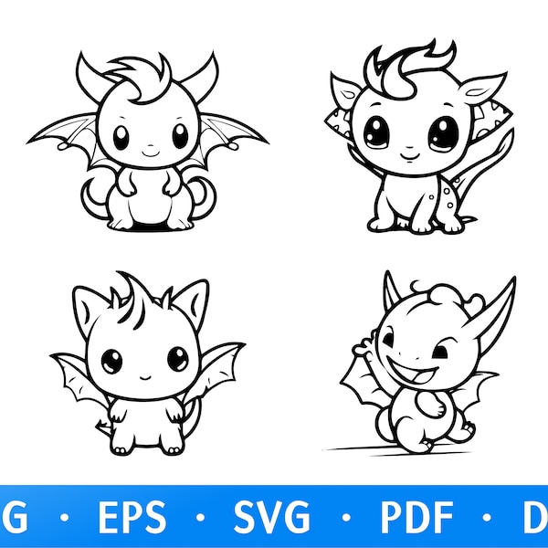 Cute Baby Dragon SVG, Fantasy Dragon Svg, Kid dragon Svg, Dragon Outline Svg, Dragon Clipart, Dragon Dxf Cut File, Funny Baby Dragon SVG