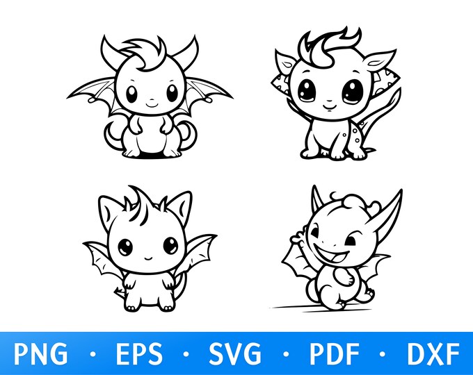 60 Cute Baby Dragon Svg & PNG Files, Fantasy Dragon Outline Clipart ...