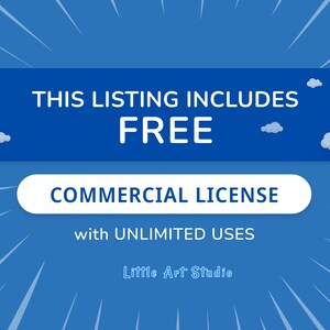 May include: Blue and white graphic with the text "THIS LISTING INCLUDES FREE COMMERCIAL LICENSE with UNLIMITED USES" and the text "Little Art Studio" in a blue and white font.