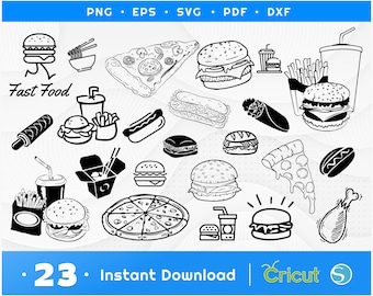 Fast Food Svg Bundle Burger Pizza Fries PNG DXF EPS, Fast Food Clipart Vector Cut File for Cricut, Burger Svg Digital Download