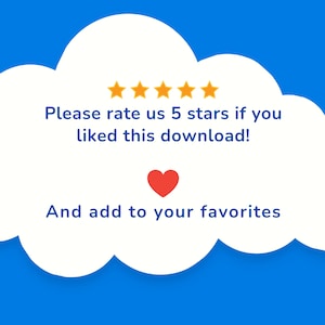 Peut inclure: Graphique en forme de nuage blanc sur fond bleu, avec le texte "Please rate us 5 stars if you liked this download!" et "And add to your favorites". Comprend cinq &eacute;toiles dor&eacute;es et un c&oelig;ur rouge.