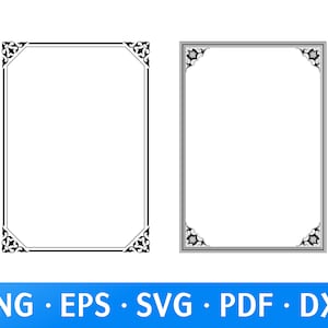 Peut inclure: Deux cadres rectangulaires avec des motifs d'angle orn&eacute;s. L'un est noir avec un bord fin, l'autre est gris avec un bord plus &eacute;pais. Les cadres sont vides, sur fond blanc. Le bas de l'image contient le texte "PNG &bull; EPS &bull; SVG &bull; PDF &bull; DXF" en bleu.