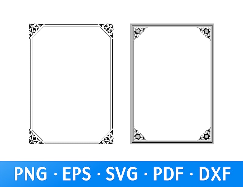 Peut inclure: Deux cadres rectangulaires avec des motifs d'angle orn&eacute;s. L'un est noir avec un bord fin, l'autre est gris avec un bord plus &eacute;pais. Les cadres sont vides, sur fond blanc. Le bas de l'image contient le texte "PNG &bull; EPS &bull; SVG &bull; PDF &bull; DXF" en bleu.
