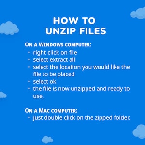 Peut inclure: Un graphique bleu avec du texte blanc expliquant comment d&eacute;compresser des fichiers. Des instructions sont fournies pour les ordinateurs Windows et Mac. L'image comprend des illustrations de nuages.