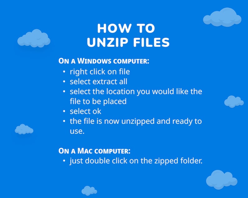 Peut inclure: Un graphique bleu avec du texte blanc expliquant comment d&eacute;compresser des fichiers. Des instructions sont fournies pour les ordinateurs Windows et Mac. L'image comprend des illustrations de nuages.