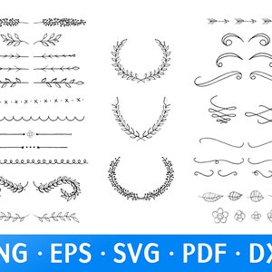 May include: Black and white hand-drawn vector graphics, including decorative borders, laurel wreaths, arrows, swirls, leaves, and flowers. The image includes the text "PNG • EPS • SVG • PDF • DXF" in a blue banner.