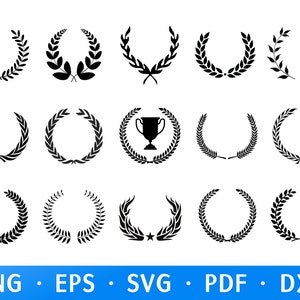 May include: Set of 18 black and white laurel wreath illustrations. The wreaths are in various styles, including simple, ornate, and with a trophy inside. The illustrations are perfect for adding a touch of elegance to any design project.