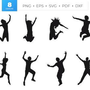 ジャンプするシルエット SVG、ジャンプする人々 カット ファイル、幸せな人々 PNG、ダイナミック ジャンプする人々 PNG、幸せな瞬間、幸せなダンサー クリップアート