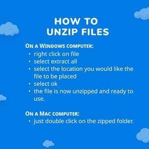 May include: A blue background with white clouds and text that reads "How to Unzip Files".  Instructions are provided for unzipping files on a Windows computer and a Mac computer.