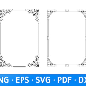 Peut inclure: Deux cadres d&eacute;coratifs noirs et blancs avec des motifs d'angle orn&eacute;s. Les cadres ont une forme rectangulaire avec des d&eacute;tails floraux et des volutes. Le bas de l'image contient le texte "PNG &bull; EPS &bull; SVG &bull; PDF &bull; DXF" en lettres blanches sur fond bleu.
