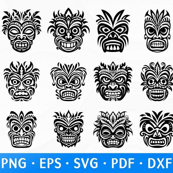 Tiki Mask SVG Bundle, Tribal Mask Svg Cut files, Tiki Head Clipart, Hawaiian Totem Svg Files for Cricut and Silhouette | Instant download