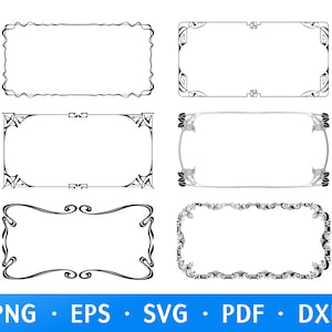 May include: Six black rectangular frames with diverse decorative designs. Styles include floral, geometric, and Art Nouveau curves. The image displays the text "PNG &bull; EPS &bull; SVG &bull; PDF &bull; DXF" at the bottom. These frames are ideal for digital art or design projects.