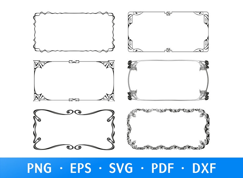 May include: Six black rectangular frames with diverse decorative designs. Styles include floral, geometric, and Art Nouveau curves. The image displays the text "PNG &bull; EPS &bull; SVG &bull; PDF &bull; DXF" at the bottom. These frames are ideal for digital art or design projects.