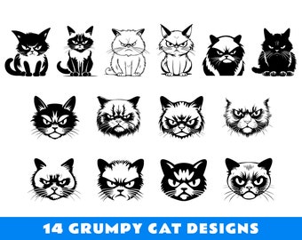 Grumpy Cat SVG Files, Cat Clipart, Cat Art Print, Cute Cat Decal, Angry Cat Vector Cat Lover Gift Instant download