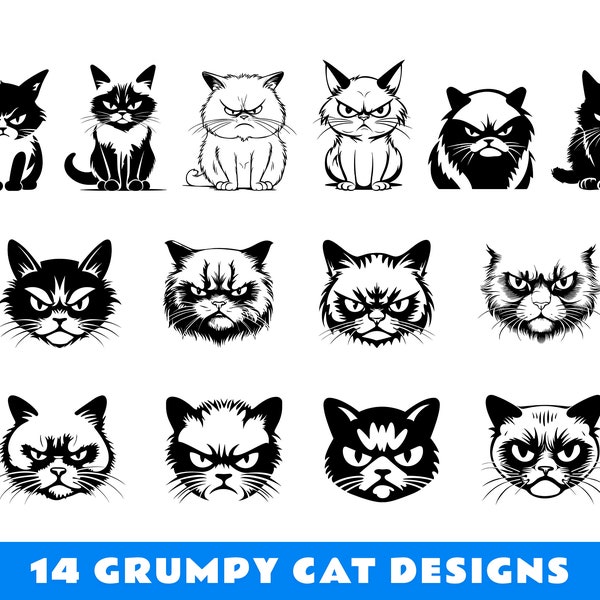 Grumpy Cat SVG Files, Cat Clipart, Cat Art Print, Cute Cat Decal, Angry Cat Vector Cat Lover Gift Instant download