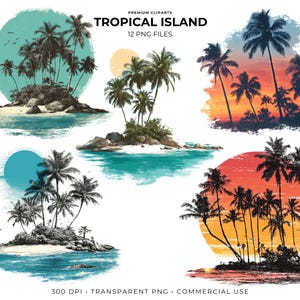 Pode incluir: Uma coleção de imagens de clip art de ilhas tropicais. Cada imagem apresenta palmeiras em pequenas ilhas, contra fundos coloridos de verde-azulado, laranja e amarelo. O texto "TROPICAL ISLAND" e "12 PNG FILES" é visível.