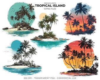 Tropical Island Clipart Bundle PNG, Island Illustration Set, Beach Paradise Sublimation Digital Download, Printable PNG Graphics
