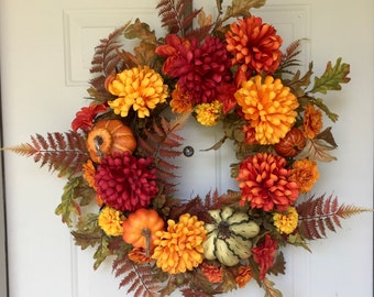 fall floral wreath, fall greenery wreath, grapevine wreath with flowers, fall flowers, wedding gift, Thanksgiving floral decor, fall decor