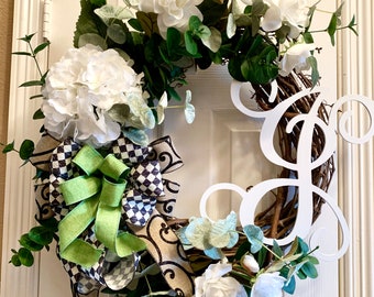 Grapevine Wreath, Monogram Door Decor, personalized wedding gift, shower gift, year round decor, all-season wreath, personalized greenery