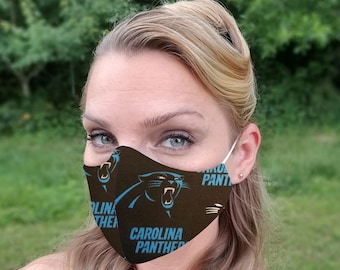 Carolina Panthers mask, football sports mask, fitted mask, reversible (blk), nose wire, soft elastic, made in USA baby