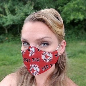 Boston Red Sox mask, baseball sports mask, fitted mask, reversible (wht), nose wire, soft elastic, made in USA baby
