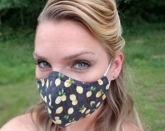 Lemon printed mask, ditsy floral mask, fitted mask, reversible (blk inside), nose wire, soft elastic, made in USA baby