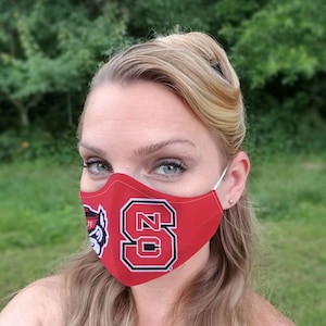NC State face mask,  college mask,basketball sports mask, fitted mask, reversible (black or wht), nose wire, soft elastic, made in USA baby